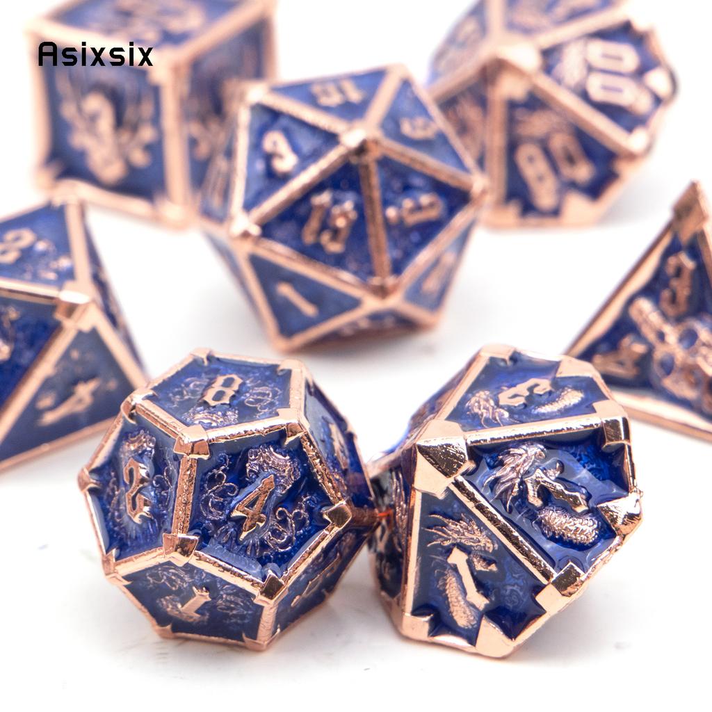 7 Pcs Dark Blue Skull Metal Dice Solid Metal Polyhedral Dice Set Suitable for Role-Playing RPG Board Game Card Game