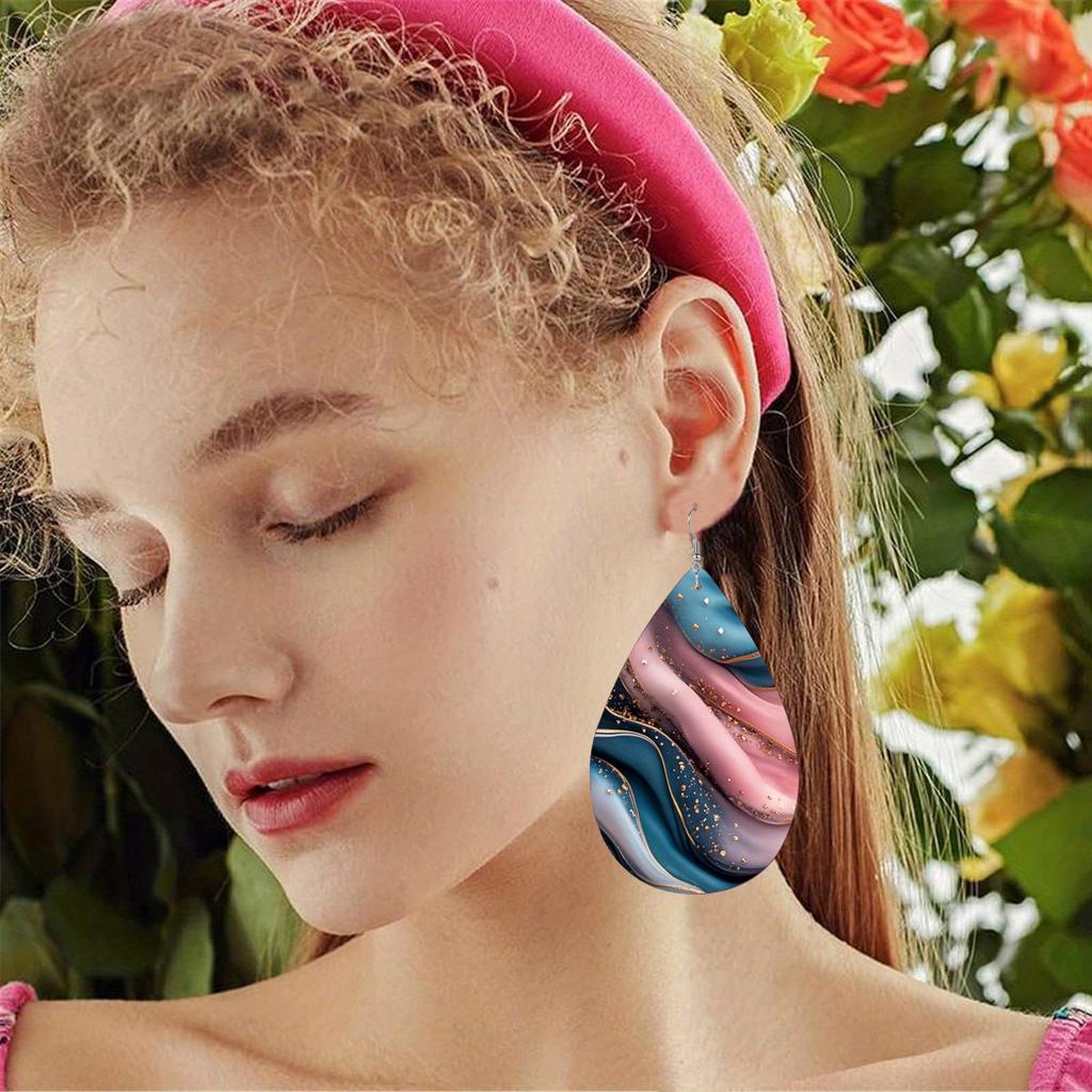 Boho Abstract Pink Blue Gilter Quicksand Print PU Earrings for Women Chic Spring Summer Blue Starry Sky Double Sided Print Waterdrop Earrings