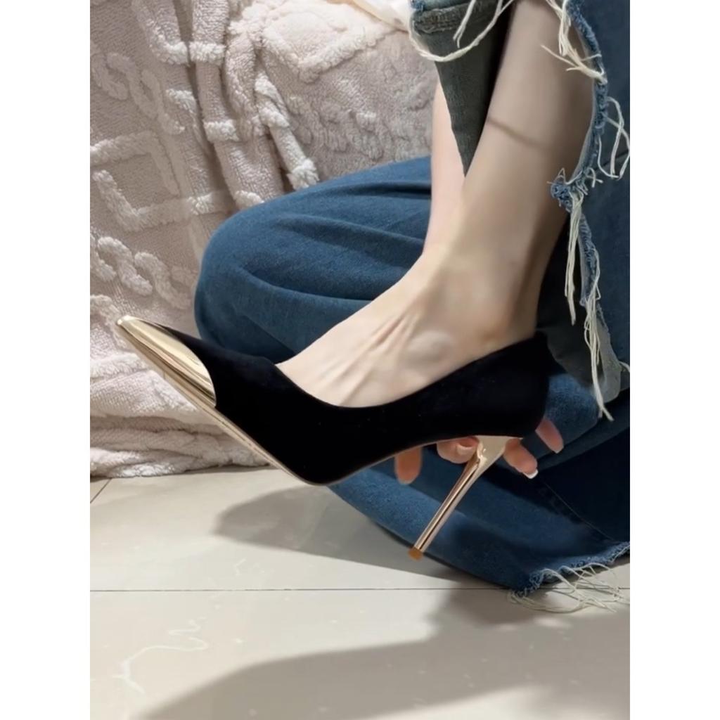 French temperament black suede high heels women's thin heels 2025 new autumn and winter banquet imperial sister shallow mouth pointed single shoes