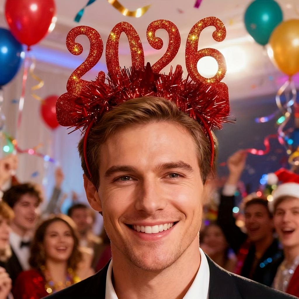 1pc 2026 Christmas New Year'S Eve Party Headband - Festive Red & Golden Glittery Headband with "51.46meter Number 1 Design