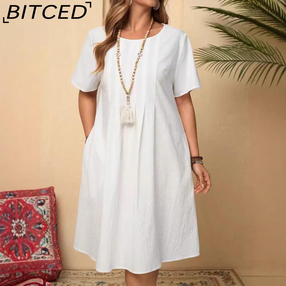 

BITCED Женская мода лето весна однотонный принт О-образный вырез высокая талия повседневные платья S белый