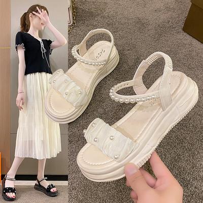 Römische Sandalen mit dicker Sohle Damen Sommer neu Feenwind Perle Zehenfrei Flachsohle Ins Tide Casual Strandschuhe