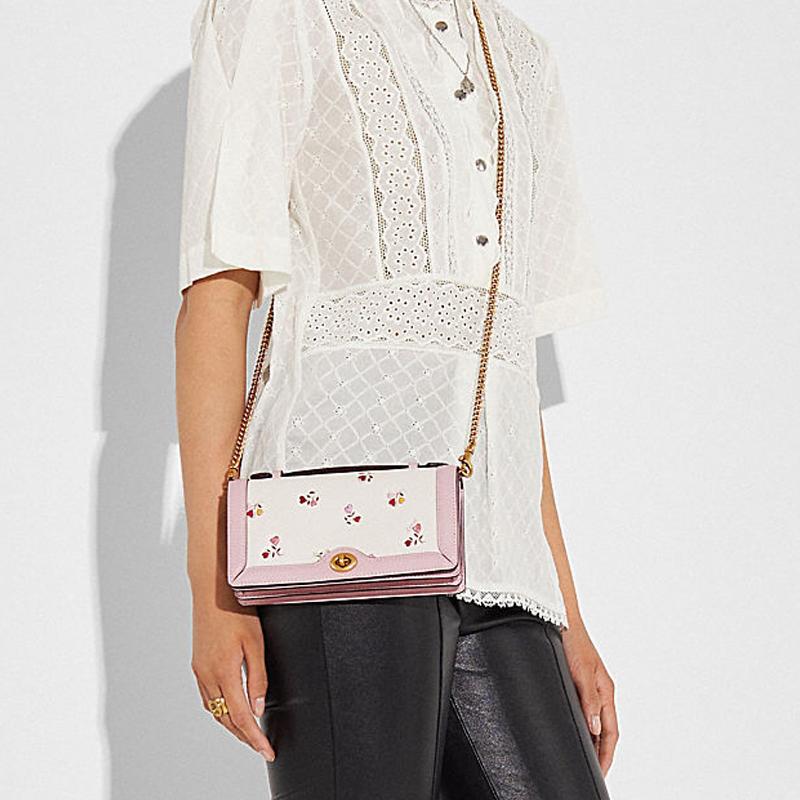Coach Riley Floral Print Chain Leather Accordion Bag Women Handbags Cherry-Blossom-Pink 2409-B4CAH