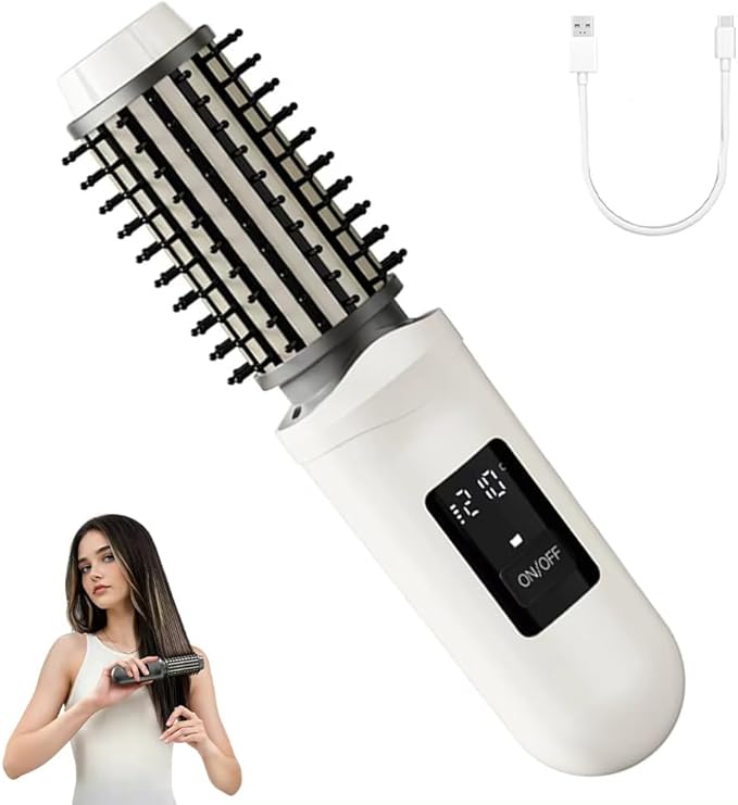 Cordless curling iron brush - 3 temperature settings, 2600mAh rechargeable battery