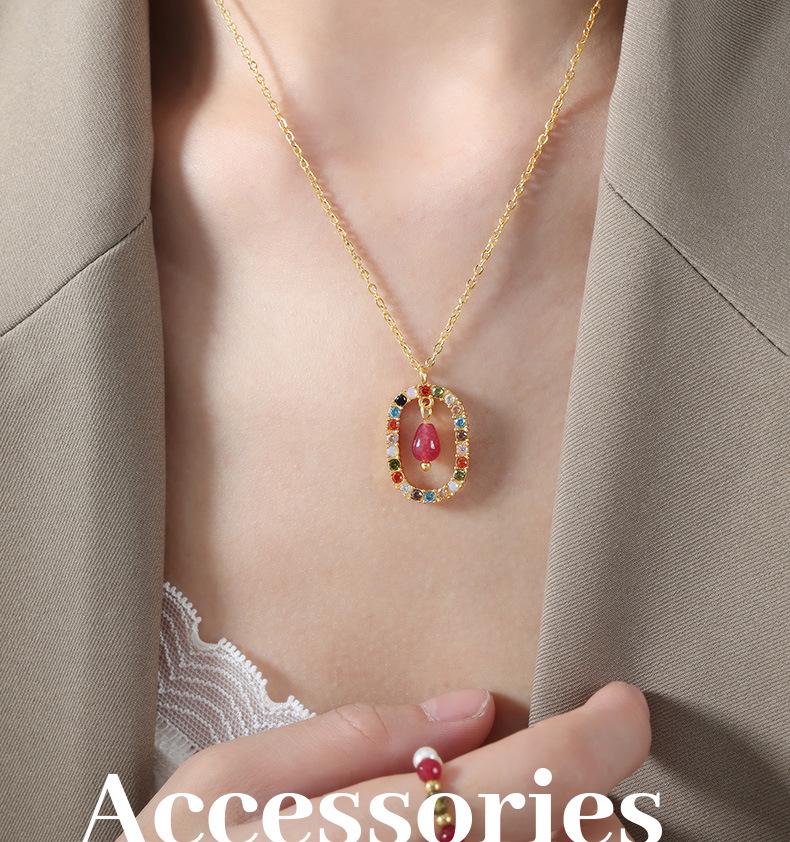 Natural Agate & Czech Diamond Pendant Necklace, 18K Gold Titanium Steel Versatile Collarbone Chain Jewelry
