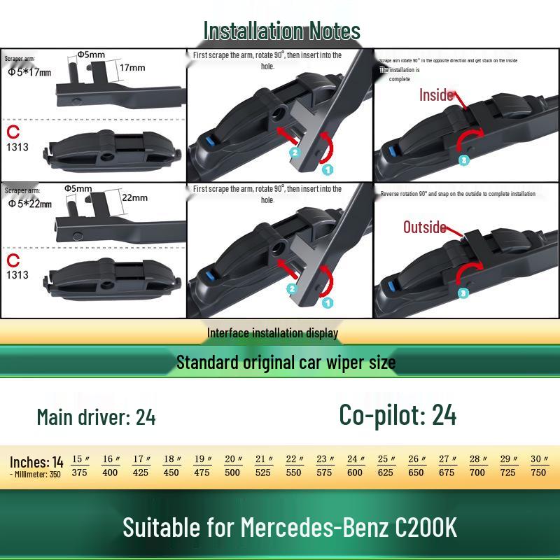 Compatible with Mercedes-Benz C200/C200L/K/Estate: Original Silent Bone-Free Wiper Blades.