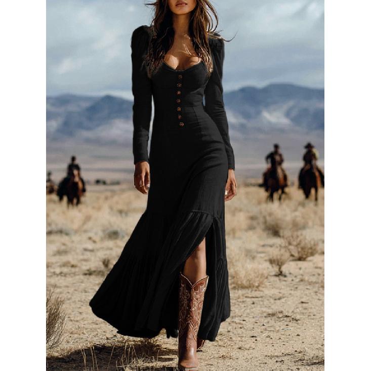 2026 New Women's Vintage Western Style Long Dress with Buttons, Ruched Long Sleeves, Sexy Dress