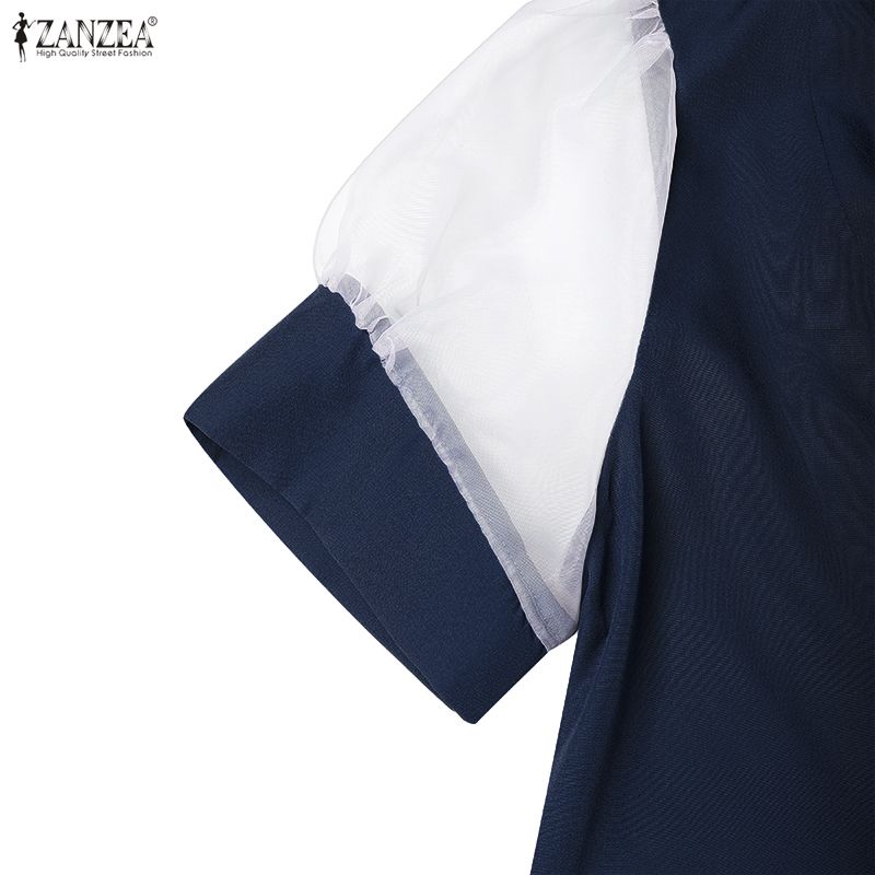 ZANZEA Women Casual Round Neck Mesh Splice Short Sleeve Summer Dress