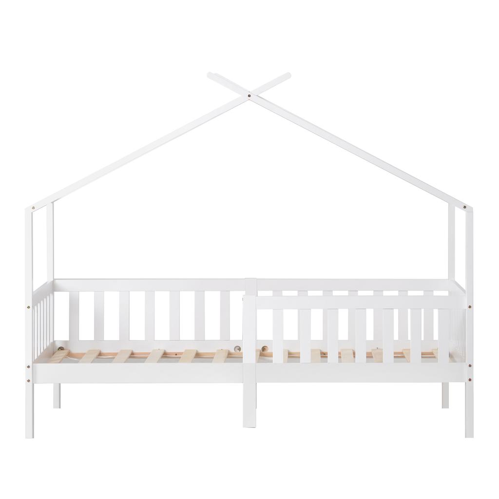 Beautiful house bed, children's bed solid wood with fence and slatted frame, children's and youth room with fall protection, white (200x90 cm)
