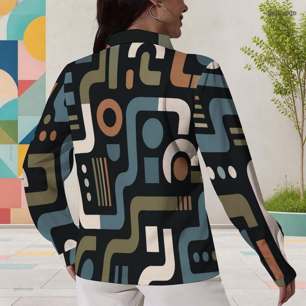 Women Plus Size Collared Neck Long Sleeve Geometric Printed Button Front Curved Hem Shirt