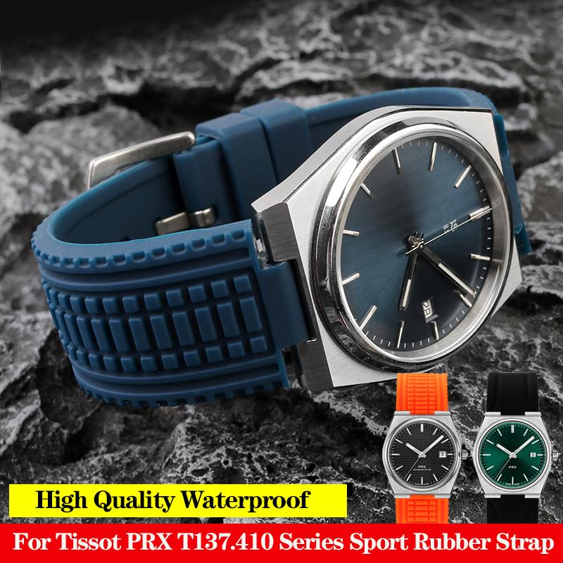 Rubber Watch Band for Tissot PRX Series Super Player T137.410 Strap Sports Waterproof Silicone Soft Bracelet Black Blue 24x12mm