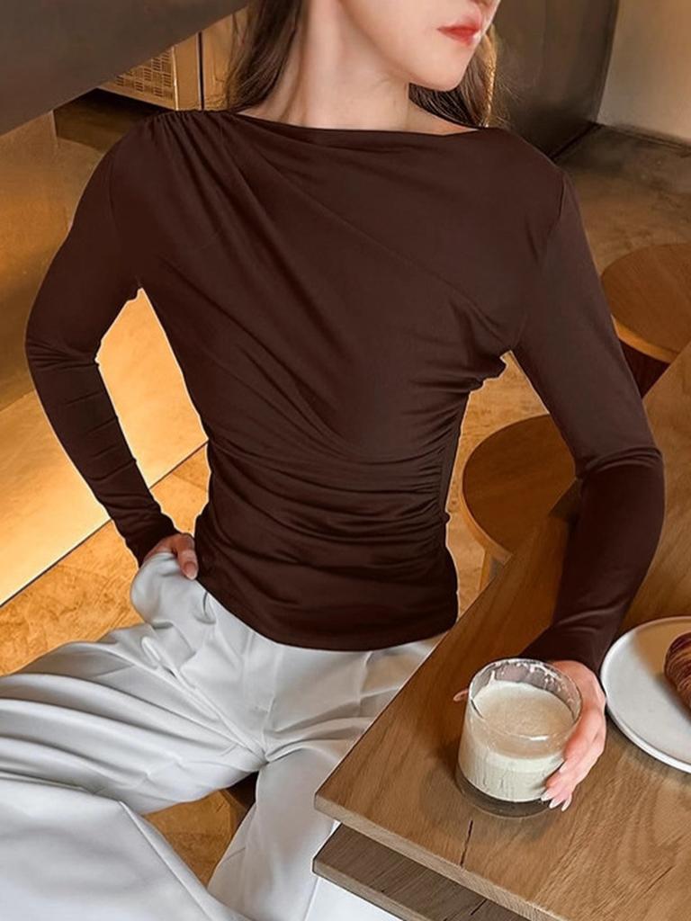 French Retro Brown Round Neck Cami Top Women's Fall Winter Bodycon Slim Fit Long Sleeve T-Shirt