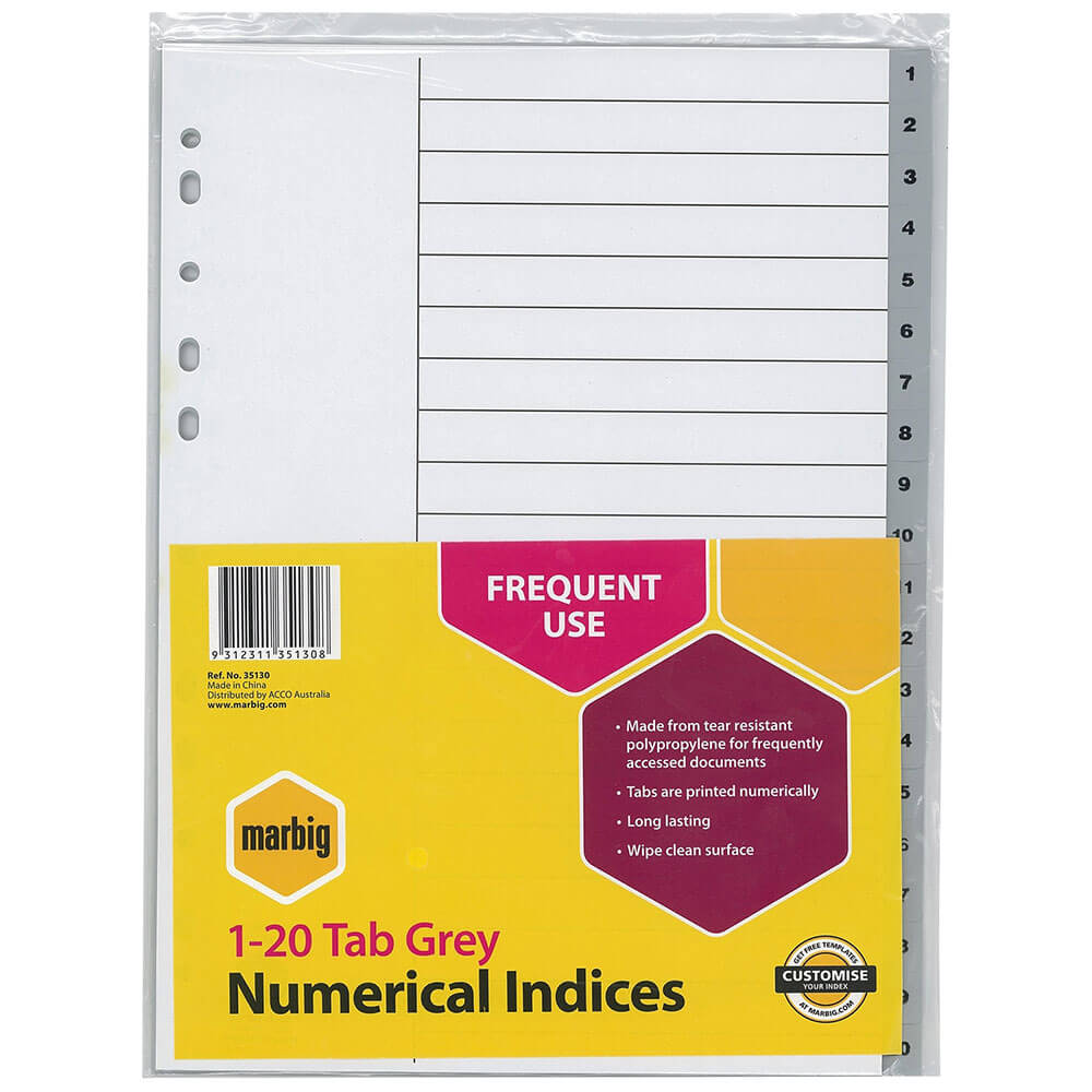 Marbig Numerische Register & Trennblätter A4 (grau) (1-20 Tab)