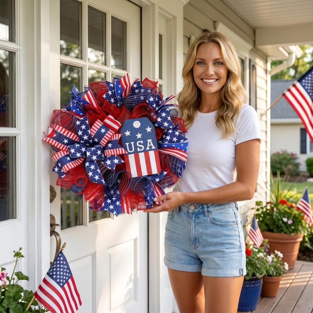 40CM Patriotischer Dekorativer Kranz mit Netzband Schleife Design Unabhängigkeitstag Türhängeornament USA Flaggen-Thema für Zuhause Fenster Festival Eingangsbereich