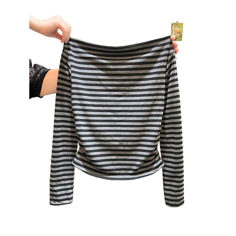 Women's Striped One-Shoulder Long-Sleeve Top - 2025 Spring/Autumn Slim Fit Korean Style