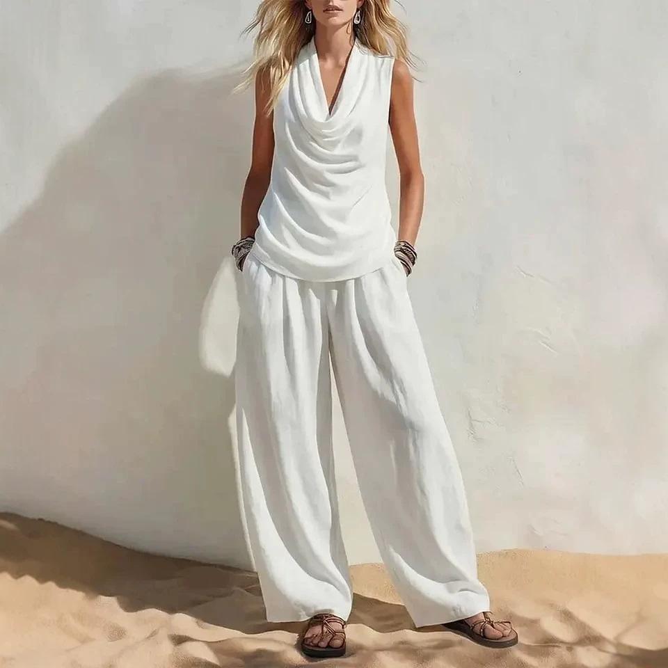 women's Cowl Neck Sleeveless Draped Tank Top High Waist Wide Leg Pants Elegant Casual Two Piece Outfit Tracksuit Set