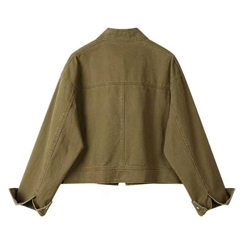 Women's Spring and Autumn Vintage Coffee Color Short Loose Stand-up Collar Jacket Top Wear Trendy Denim