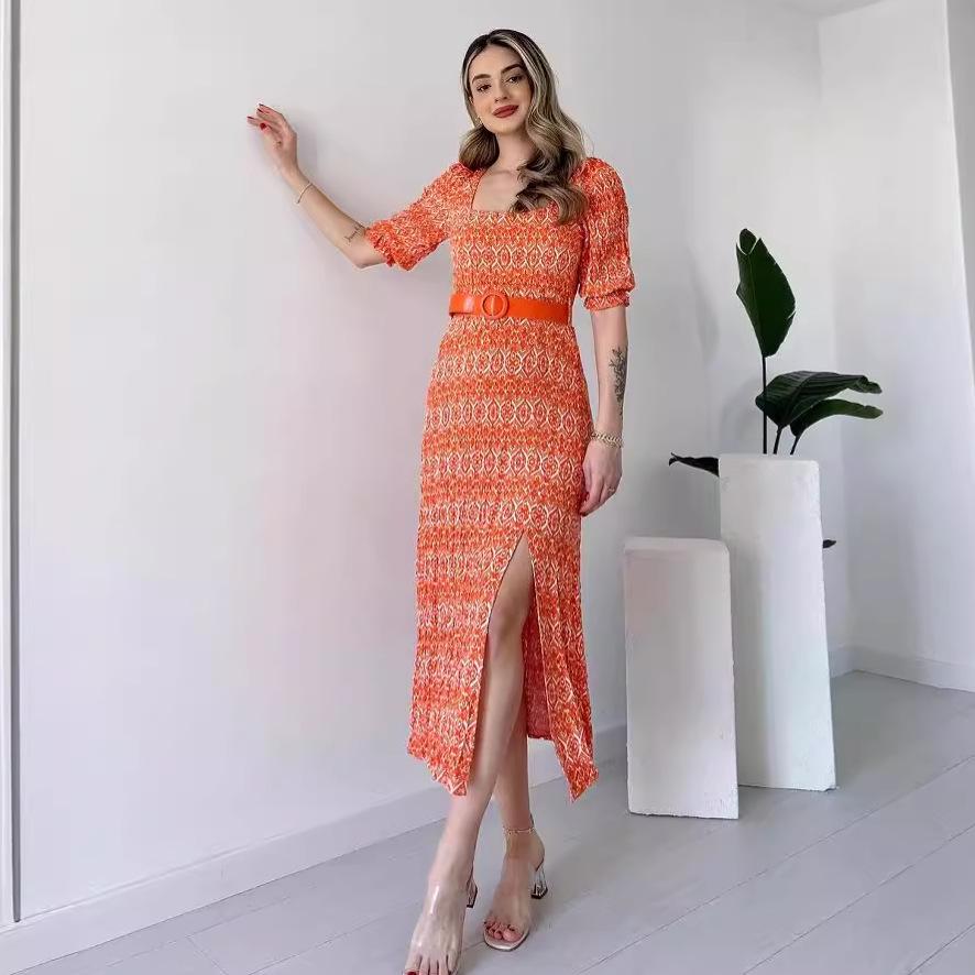 

Летнее женское платье 2024 года с квадратным вырезом, высокой талией и разрезом, с длинным рукавом XL коралловый