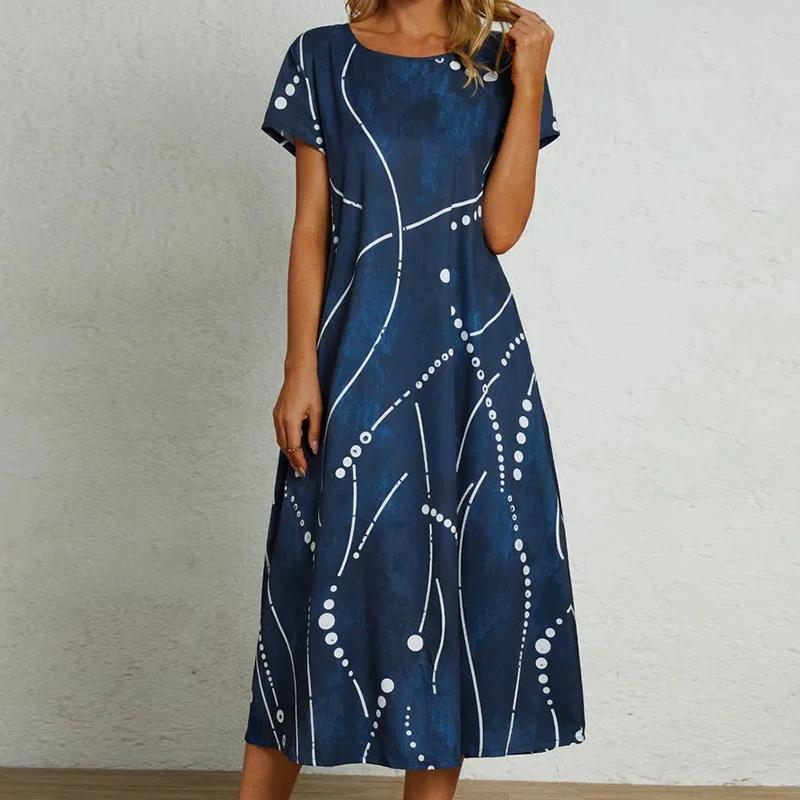 

Summer New Loose A- Line Short Sleeve Print Dress Slimming Long Skirt Cross-Border Women s Fashionable Clothing Midi Dress 4XL