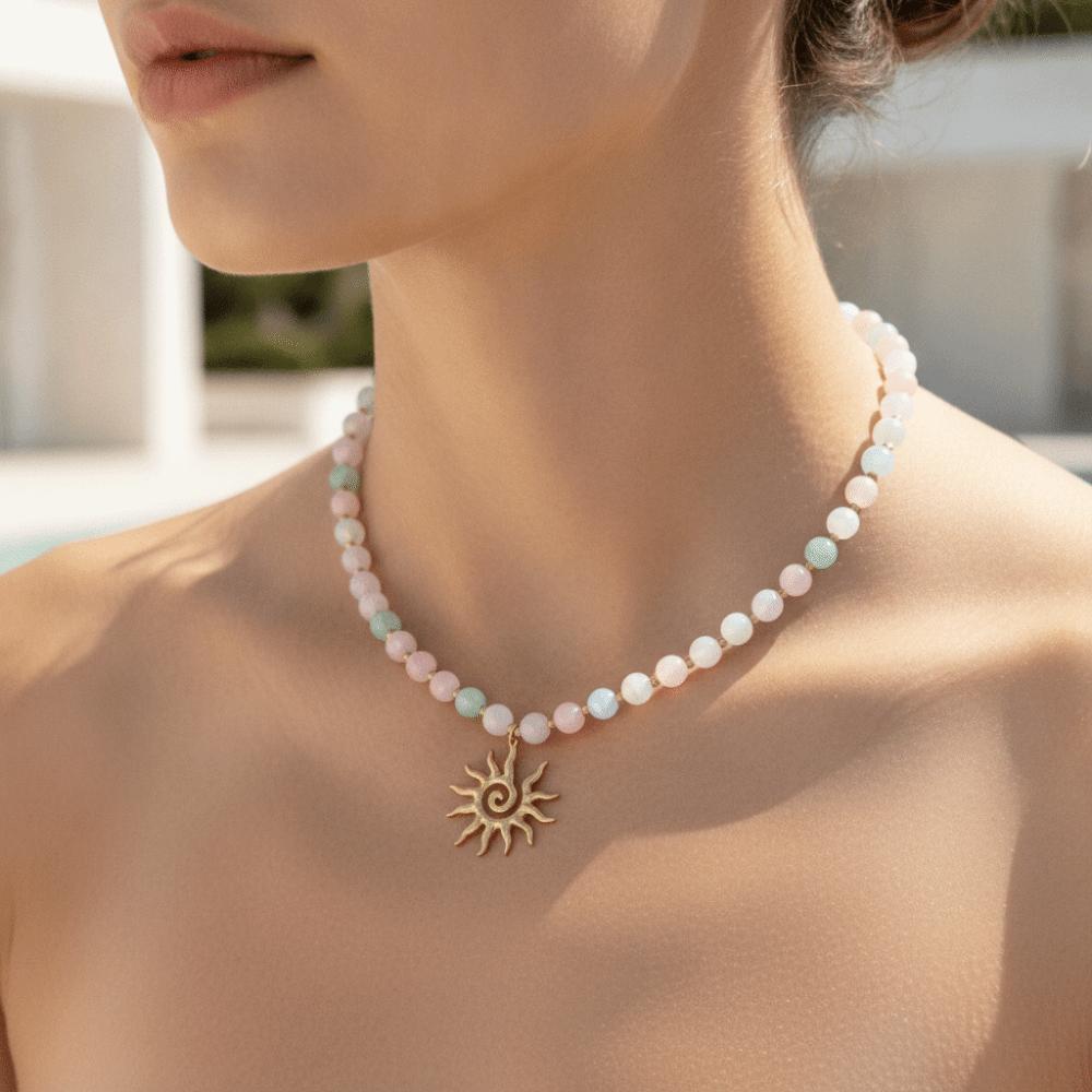Gold Plated Sun Pendant Necklace UV Reactive Cat Eye Choker Beaded Bracelet Set Photoshoot
