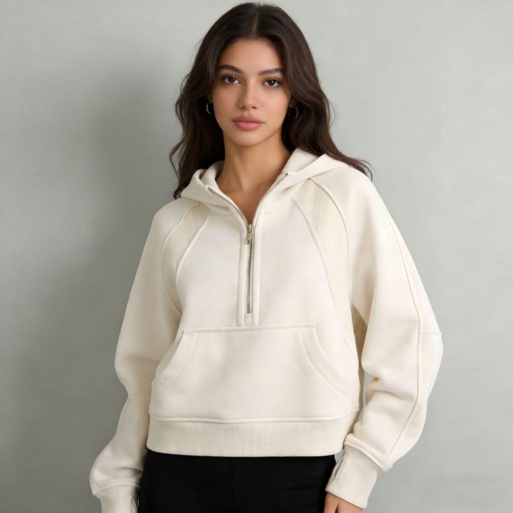 LULU Women's Hooded Half-Zip Terry Cloth Sweatshirt with Gold Logo & Zipper, Plus Velvet Yoga Wear