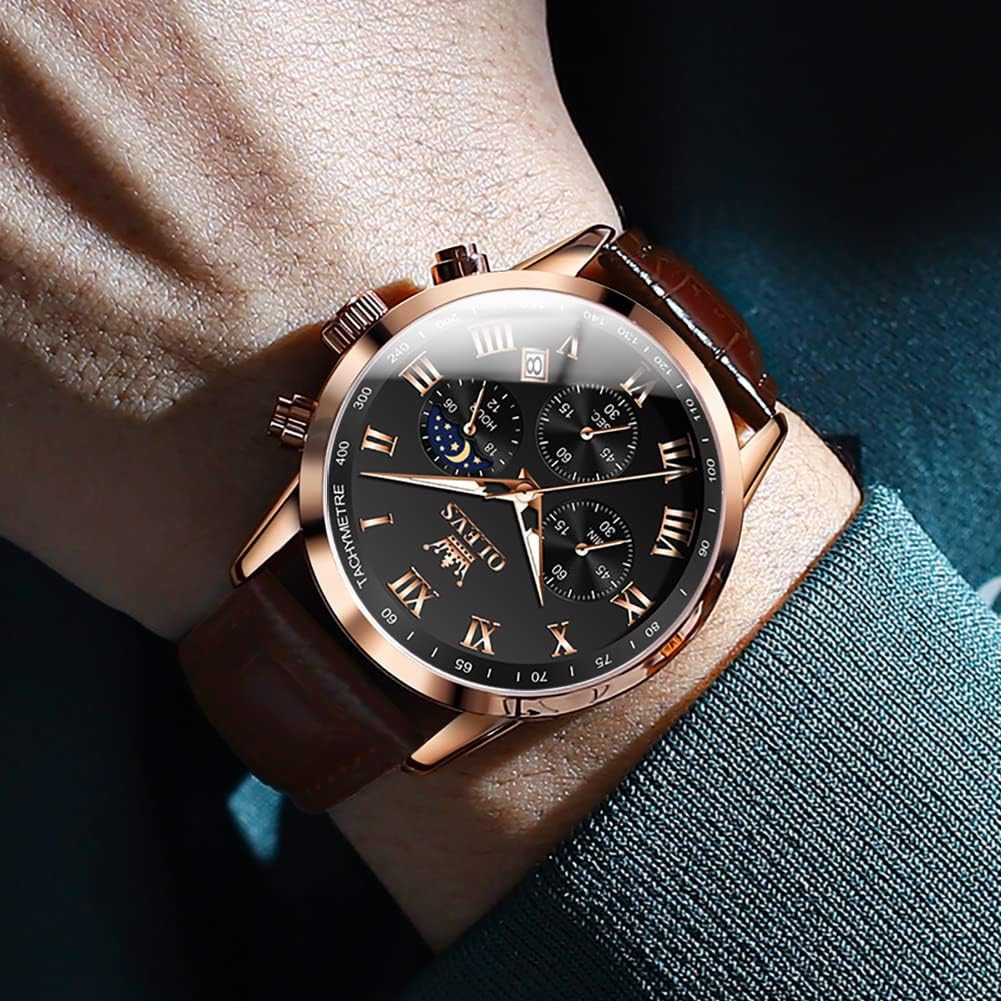 OLEVS Leather Day of the Black Men's Wristwatch, Waterproof, Analog, Stylish, Simple, Quartz, Lightweight, Brown, Date, Week,