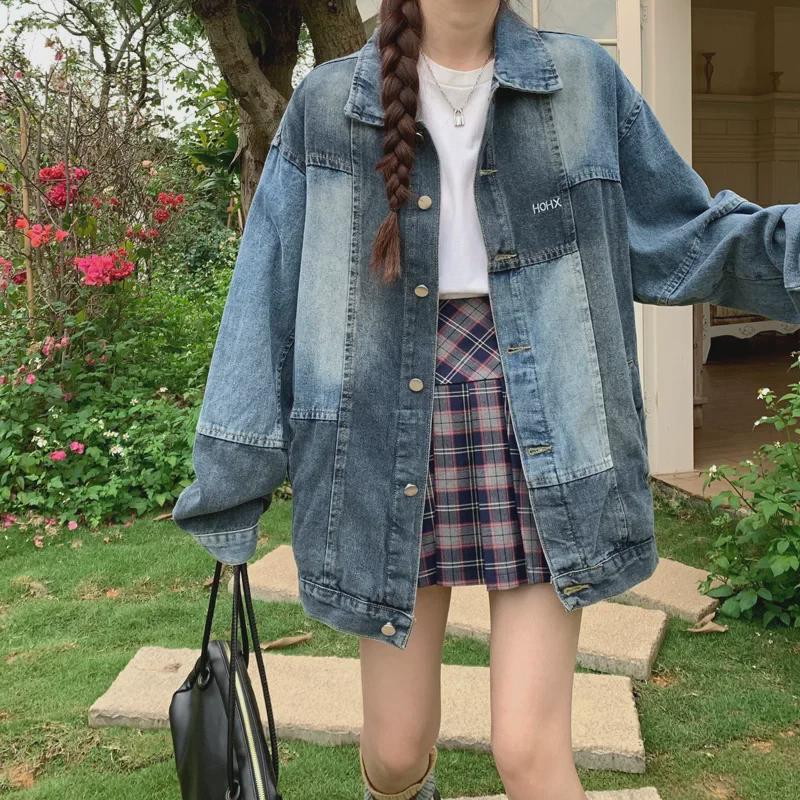 Women's Retro Blue Distressed Denim Jacket – Spring Loose Fit, Unique Design, Trendy Couple's Top