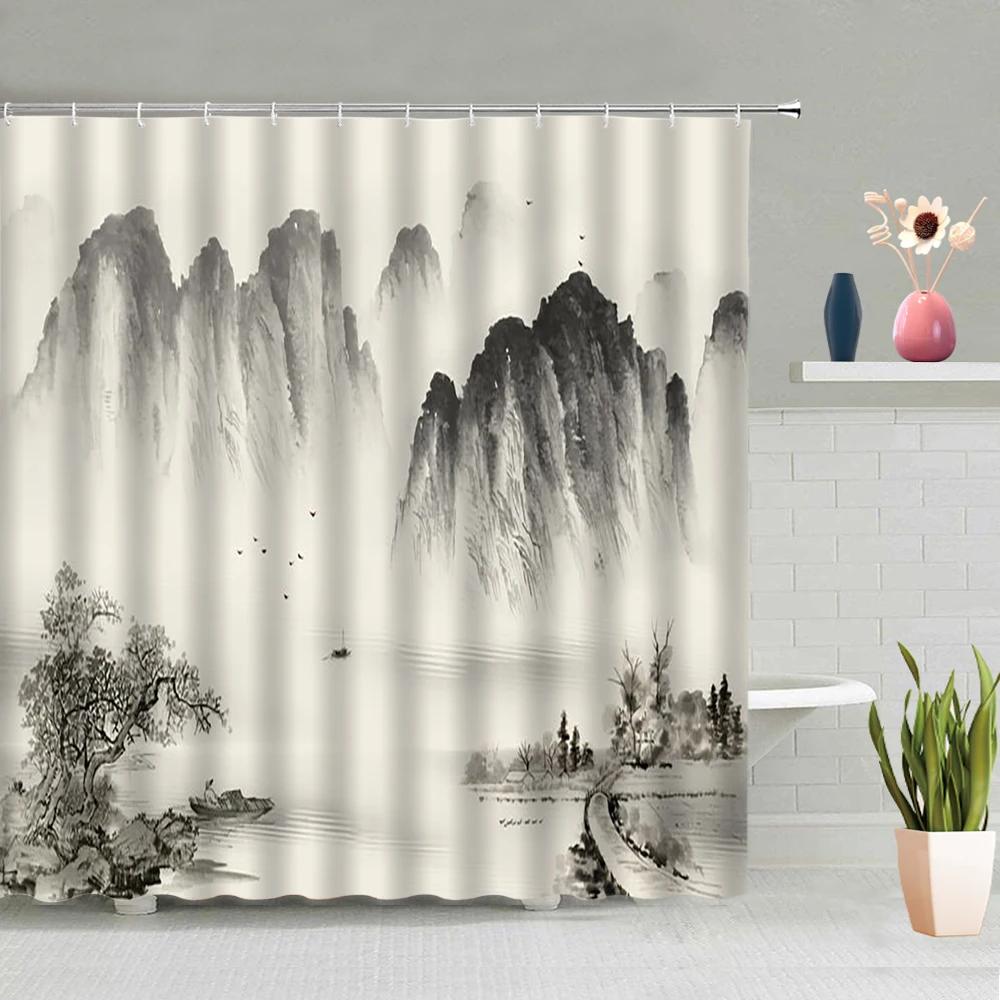Chinese Style Ink Painting Shower Curtain Landscape Flower Tree Plant Boat Plum Living Room Background Wall Bathroom Screen Hook