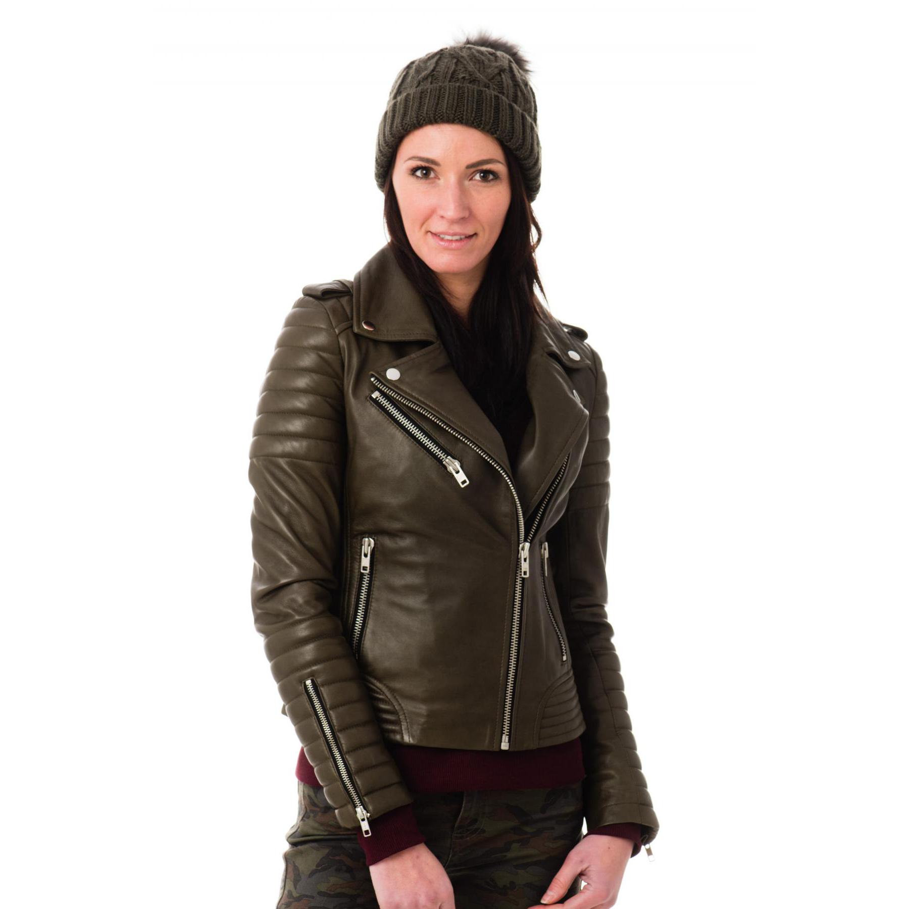 

SKINOUTFIT Women s Olive Green Leather Jacket Genuine Lambskin Quilted Designer Biker Coat L зелений