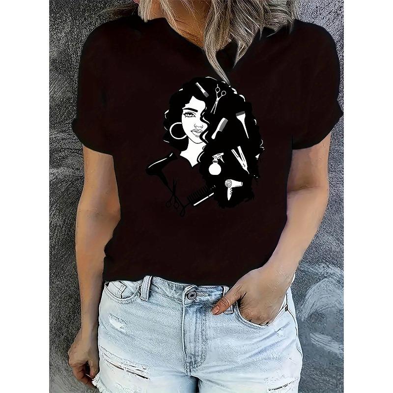 Creative Haircut and Styling Pattern Printed Women S Casual Sports T-Shirt, Round Neck, Short Sleeves, Comfortable Summer Top for Holidays S чёрный
