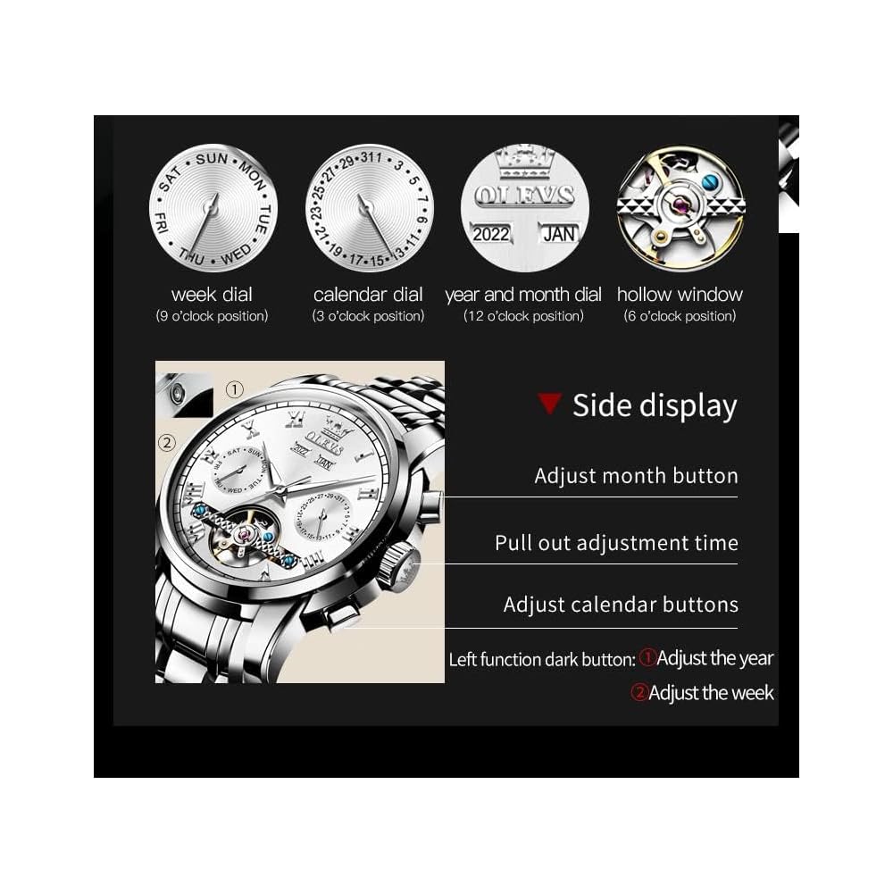 OLEVS Automatic Mechanical Watch Men's Luxury Stainless Steel Multi-Calendar Waterproof Luminous Silver