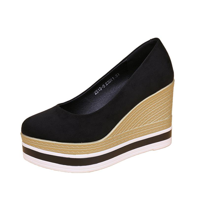 

Comemore Туфли на платформе и танкетке, одинарные туфли для женщин, весна-осень, элегантные замшевые туфли-лодочки с мелким вырезом и круглым носком, туфли на высоком каблуке 35 чёрный