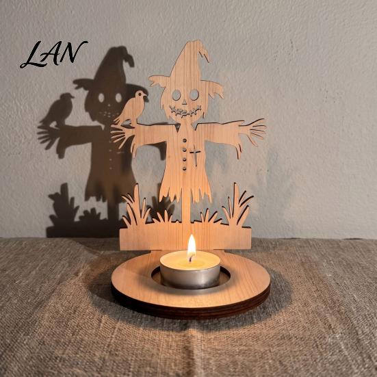 Small Tealight Display Halloween Wooden Candle Holder, Silhouette Ghost/Bat/Scarecrow/Bat Ghost Decor Holder for Home Table Fireplace Black Cat Base