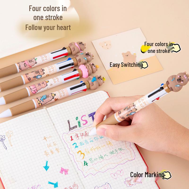 Capybara Multi-Color Cartoon Ballpoint Pen - Ten Colors Press-Type Note Marker for Students