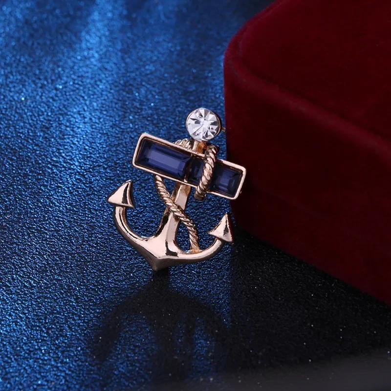 

Fashion Rudder Anchor Brooches Lapel Pin Crystal Rhinestone Men s Suit Shirt Collar Pins Luxulry Jewelry Badge Accessories темно-синий