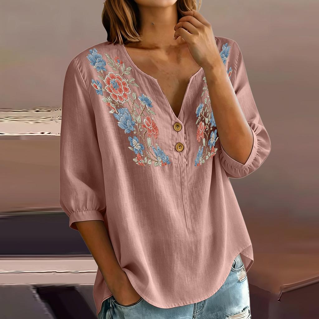 Women Floral Pattern Henley Button Neck Shirt Three Quarter Sleeve Loose Fit Linen Cotton Blouse Casual Top for Daily Wear