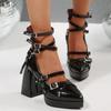 Fashion 2025 Punk Platform Chunky High Heels Women Metal Ankle Strap Mary Jane Lolita Shoes Woman Y2K Black Patent Leather Cosplay Shoes