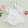 0-24M Princess Baby Girl Romper Nyfødt Spedbarn Småbarn Tyll Jumpsuit + Pannebånd Prinsesse Bursdag Puff Erme antrekk