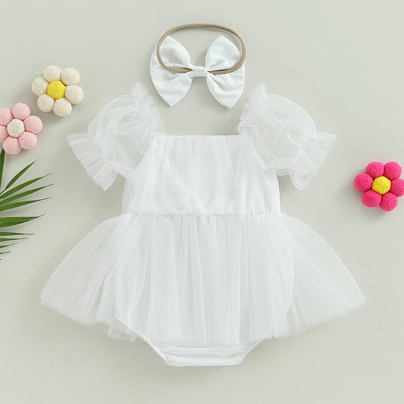 0-24M Princess Baby Girl Romper Nyfødt Spedbarn Småbarn Tyll Jumpsuit + Pannebånd Prinsesse Bursdag Puff Erme antrekk