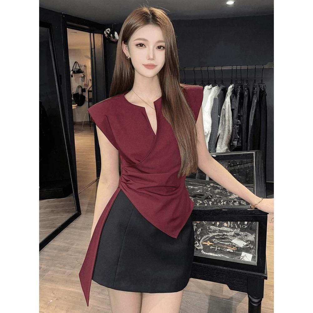 

Нишевая рубашка с V-образным вырезом и темпераментом для женщин Новая французская уникальная маленькая майка Приталенная и модная маленькая рубашка S красный