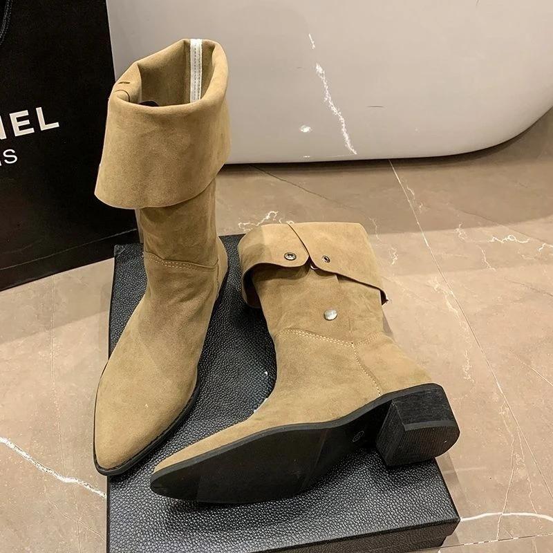 

Женские полусапоги до середины икры с острым носком, цвета хаки, с шипами, на среднем каблуке, новые в готическом стиле, по акции 2024, водонепроницаемые, распродажа, полиуретан 40