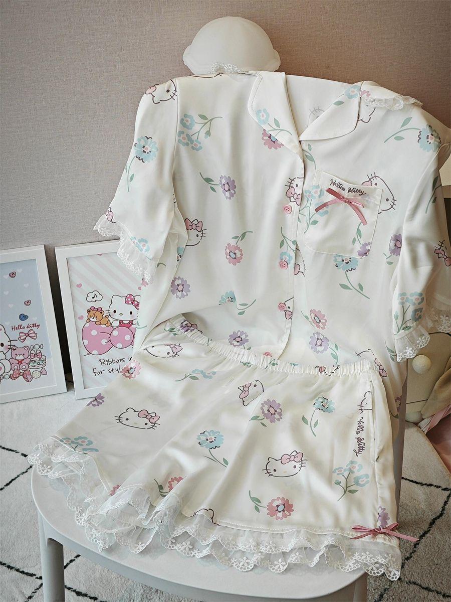 

Lace edge ins premium bow Hello Kitty pajamas summer short sleeves shorts can be worn outside loungewear set S