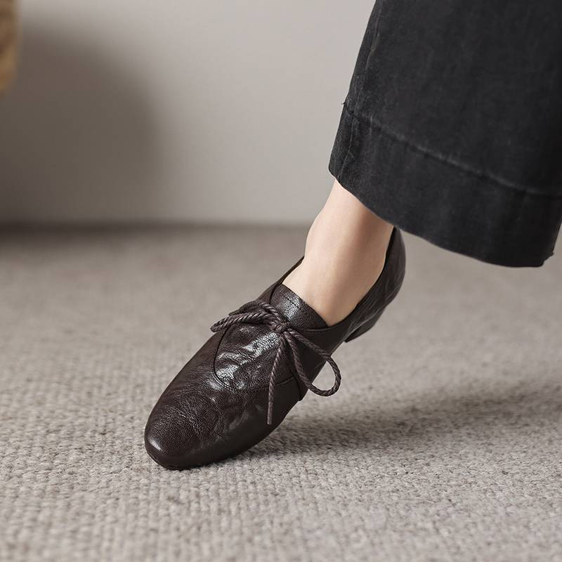 

Krazing Pot Sheepskin Round Toe Thick Med Heels Spring Shoes Lace Up Big Size 42 Beauty Women Pleated Pumps 42 коричневий