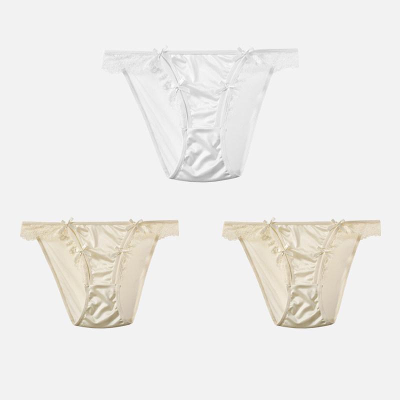 CINOON 3Pcs/Lot Women's Satin Sexy Briefs Lace‑Trim Mesh Spliced Panties Bow‑decor Solid‑Color Hollow‑out Bikini Briefs