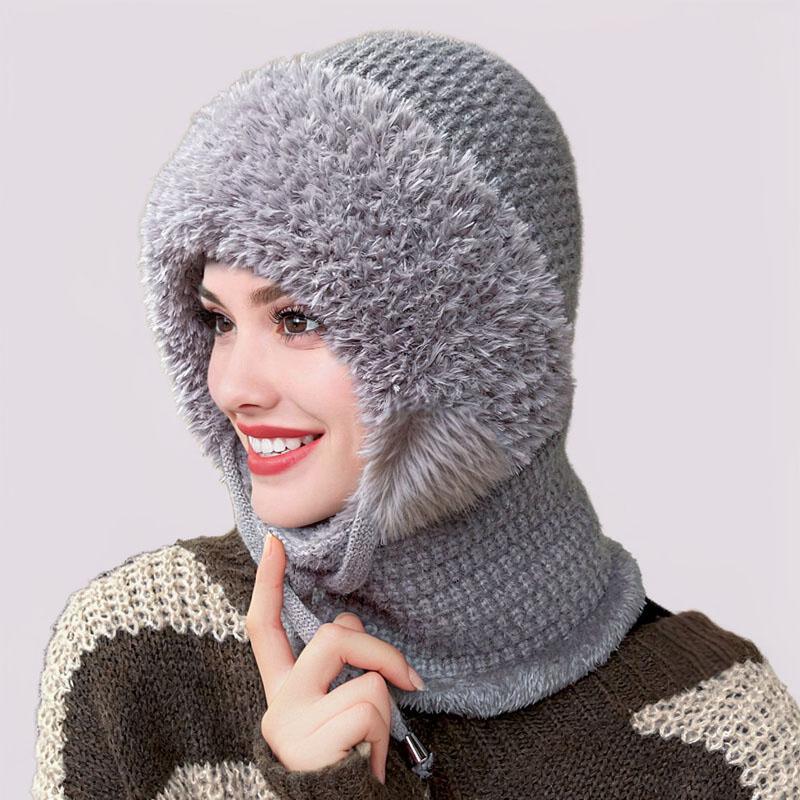 Winter Outdoor Cycling Mask Hat Scarf Integrated Set Fleece Lined Knitted Beanie for Women Cold Weather Protection