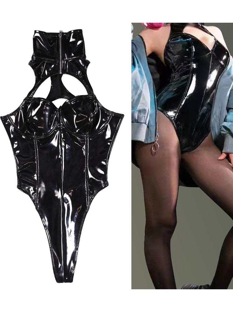 3D Hollow Bust Wet Look Pvc Catsuit High Cut Zipper Open Crotch Bodysuit Tight Hot Sexy Sukumizu Cosplay Body Shirt Clubwear Top