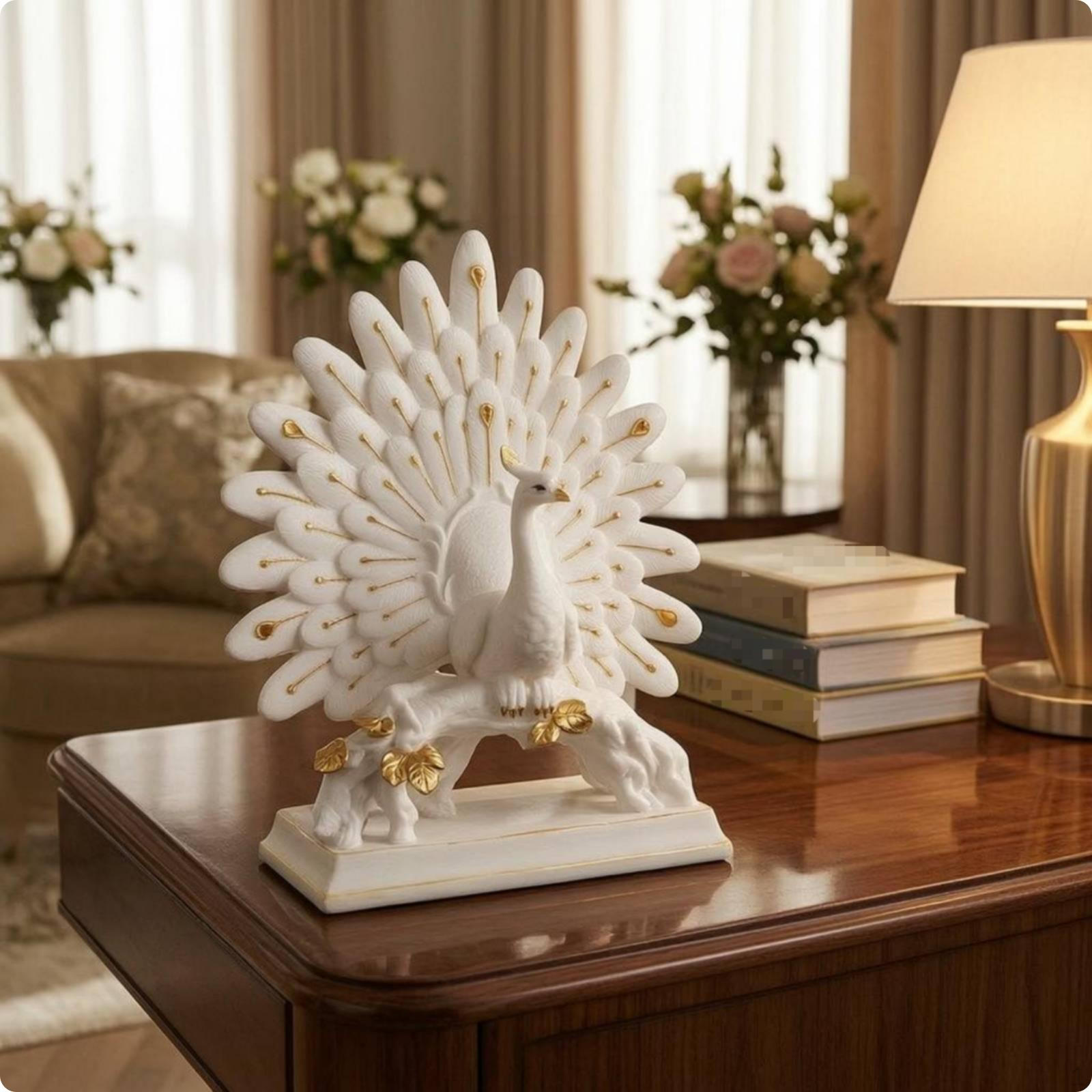 White Peacock Figurine Feather Texture Gilded