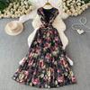 French romantic style print sexy deep V-neck bag sleeve dress women's spring and autumn kink waist and thin pleated dress