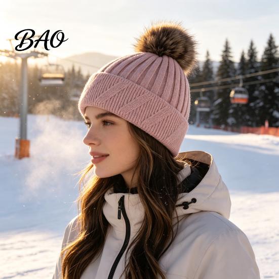 Non Slip Knit Hats Winter Knitted Hat for Women, Cold Weather Fleece Lined with Pom Comfortable Head Gear Pom, Chunky Snow Hat, Soft Ribbed