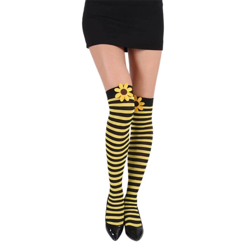 Sweet Bowknot Accent Thigh High Long Socks for Women Halloween Cosplay Parties Fishnet Striped Thigh High Stockings